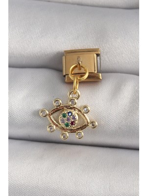 Mey Ithalat® 316L Çelik Gold Renk Sallantı Zirkon Taşlı Göz Model Nomination Charm
