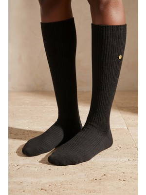 Bony Socks Kadın Fitilli Dizaltı Çorap Siyah
