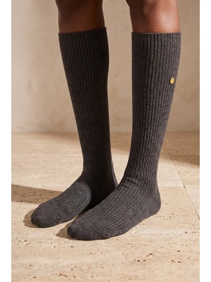 Bony Socks Kadın Fitilli Dizaltı Çorap Gri Melanj