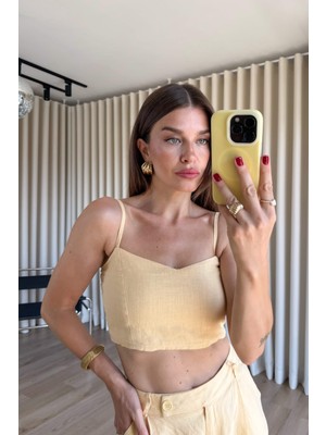 Sue Store Butter Yellow Askılı Keten Büstiyer Pantolon Takım