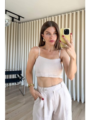 Sue Store Bej Askılı Keten Büstiyer Pantolon Takım