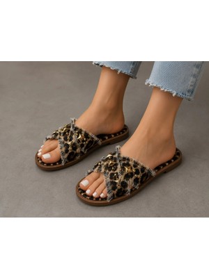 Dabab Shoes Helıa Kadın Gold Taş Detaylı Hasır Dokulu Fraseli Leopar Terlik