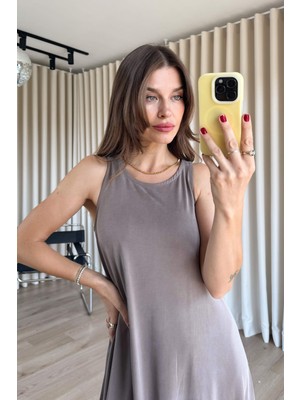 Sue Store Vizon Kahve Sıfır Kollu Çan Etekli Modal Elbise