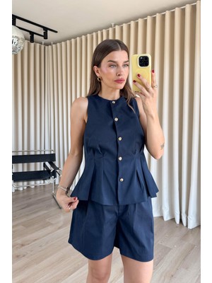 Sue Store Lacivert Belden Oturtmalı Pileli Yelek Şort Takım