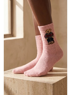 Bony Socks Kadın Teddy Desenli Yün Soket Çorap Pembe