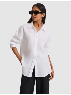 Pierre Cardin Kadın Beyaz Oversize Uzun Kollu %100 Keten Gömlek 50321208-VR013