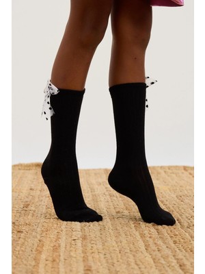 Bony Socks Kız Çocuk  Puantiye Fiyonk Dizaltı Çorap Siyah