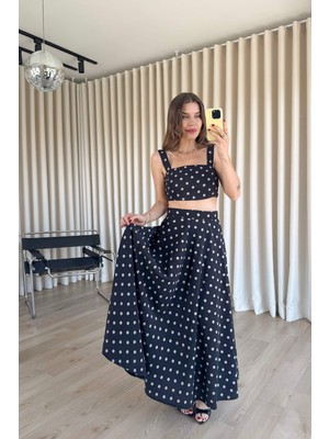 Sue Store Siyah Puantiyeli Askılı Crop Bluz Etek Takım