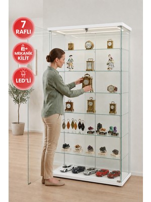 Artinoks Home Beyaz Çift Kapaklı 7 Raflı Kilitli Ledli Camlı Koleksiyon Vitrini Dolap Kitaplık Raflı Gümüşlük