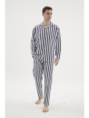 Kly Erkek Mavi Önden Düğmeli Çizgili Gaffur Pijama Takımı C4T3N04