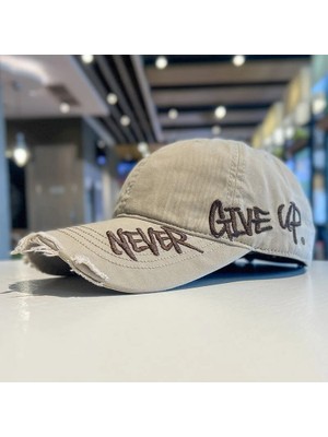 Valkyrie Unisex Bej Yırtık Siperlikli Nakışlı Baseball Şapka Ayarlanabilir Vintage Streetwear Spor Kep