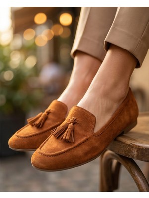 Futsi Shoes Mılet Taba Süet Hakiki Deri Püsküllü Loafer Kadın Babet