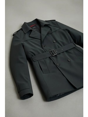 MCR Düz Haki Slim Fit Kemerli Kruvaze Erkek Trenchcoat