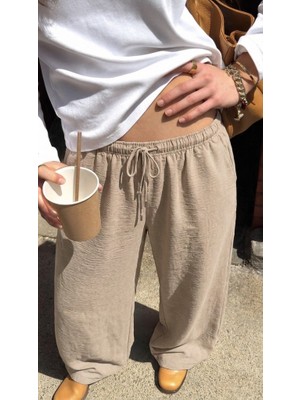 Damga Kadın Beli Lastikli Dokulu Krem Palazzo Keten Pantolon