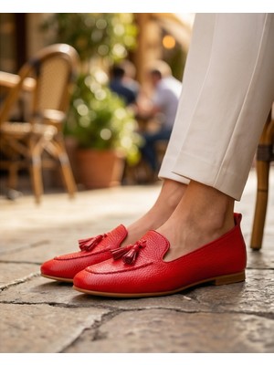 Futsi Shoes Mılet Kırmızı Hakiki Deri Püsküllü Loafer Kadın Babet