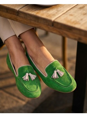 Futsi Shoes Mılet Yeşil Süet Hakiki Deri Püsküllü Loafer Kadın Babet