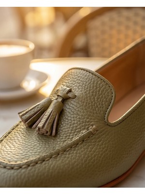 Futsi Shoes Mılet Yeşil Hakiki Deri Püsküllü Loafer Kadın Babet