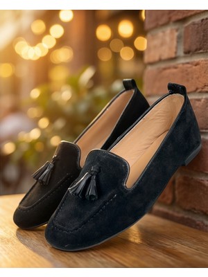 Futsi Shoes Mılet Siyah Süet Hakiki Deri Püsküllü Loafer Kadın Babet