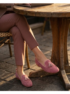 Futsi Shoes Mılet Pembe Süet Hakiki Deri Püsküllü Loafer Kadın Babet