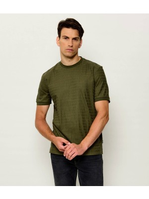 Boss Erkek Normal Kesim Geometrik Jakarlı Yuvarlak Yakalı Pamuklu Kısa Kollu Haki T-Shirt 50567970-347