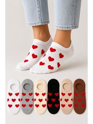 Ducks Socks Kadın Dikişsiz Soft Pamuk Kalp Desenli 6'lı Sneakers Çorap