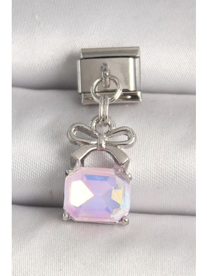 Mey Ithalat® 316L Çelik Gümüş Renk Pembe Zirkon Taşlı Çanta Model Nomination Charm