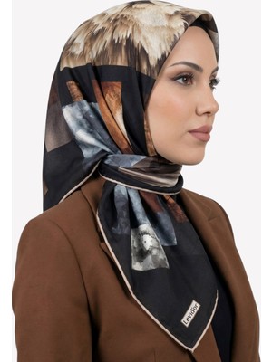 Hadiora Kadın Siyah Kahverengi Soyut Desenli Kristal Eşarp