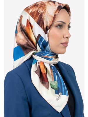 Hadiora Kadın Mavi Turuncu Soyut Desenli Kristal Eşarp