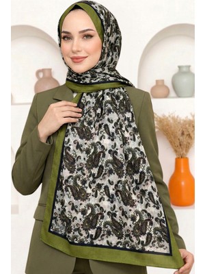 Hadiora Kadın Zeytin Yeşili Şal Desenli Organik Pamuk Soft Şal