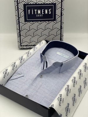 Fitmens Klasik Kısa Kol Keten Cotton Desenli Pamuk Hediye Kutulu Erkek Gömlek FS-003008 - Mavi