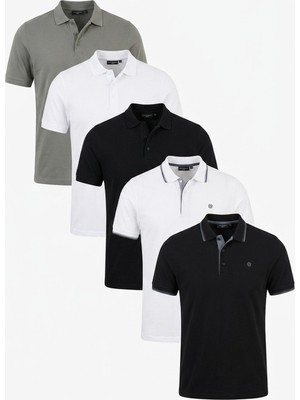 Buratti Pamuklu Regular Fit Düğmeli Polo Yaka 5'li Paket T Shirt Erkek T Shirt 590211827S5