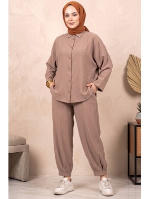 Hadiora Bej Oversize Gömlek ve Pantolon Ikili Takım - Rahat Kesim Modal Günlük Set