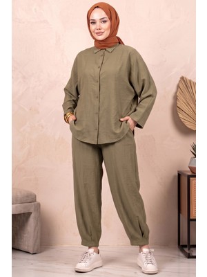 Hadiora Haki Oversize Gömlek ve Pantolon Ikili Takım - Rahat Kesim Modal Günlük Set