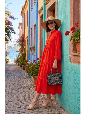 Lela Modest Regular Fit Dik Yaka Uzun Elbise Bayan Elbise 611EL545