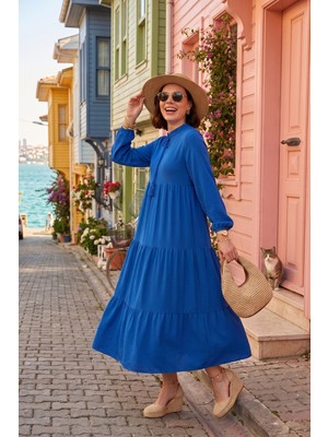 Lela Modest Regular Fit Dik Yaka Uzun Elbise Bayan Elbise 611EL545