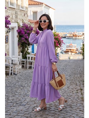 Lela Modest Regular Fit Dik Yaka Uzun Elbise Bayan Elbise 611EL545