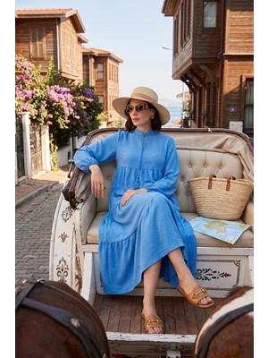 Lela Modest Regular Fit Dik Yaka Uzun Elbise Bayan Elbise 611EL545