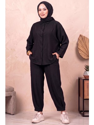 Hadiora Siyah Oversize Gömlek ve Pantolon Ikili Takım - Rahat Kesim Modal Günlük Set