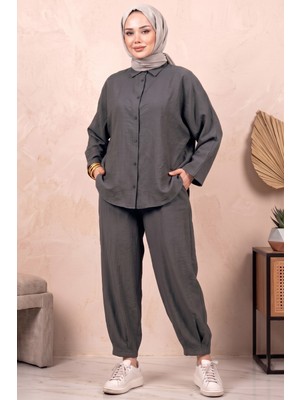 Hadiora Gri Oversize Gömlek ve Pantolon Ikili Takım - Rahat Kesim Modal Günlük Set