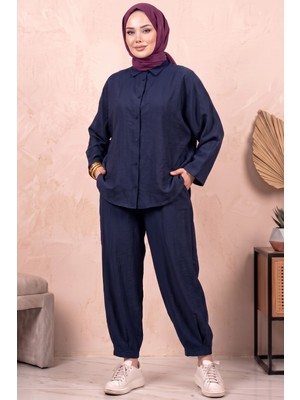 Hadiora Lacivert Oversize Gömlek ve Pantolon Ikili Takım - Rahat Kesim Modal Günlük Set
