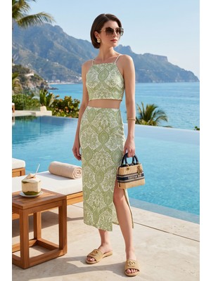Lela Slim Fit Ip Askılı Yırtmaçlı Midi Alt-Üst Takım Bayan Takım 5869021
