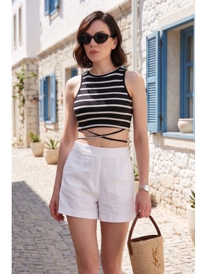 Lela Çizgili Slim Fit Bağlama Detaylı Crop Bayan Crop 5865715