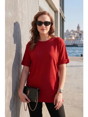 Lela Oversize Bisiklet Yaka Yırtmaç Detaylı Bluz Bayan Bluz 5869000