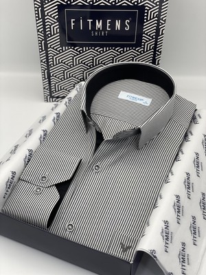 Fitmens Klasik Uzun Kol Ince Çizgili Cepli Hediye Kutulu Erkek Gömlek FS-003317 - Beyaz Siyah