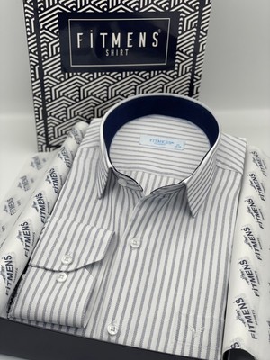 Fitmens Klasik Uzun Kol Çizgili Hediye Kutulu Erkek Gömlek FS-003864 - Beyaz Lacivert