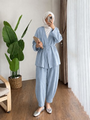 RFK Butik Kadın Bel Bağlamalı Şalvar Kesim Pantolonlu Kimono Takım - Mavi