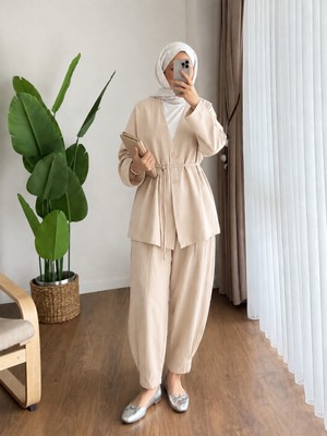 RFK Butik Kadın Bel Bağlamalı Şalvar Kesim Pantolonlu Kimono Takım - Bej