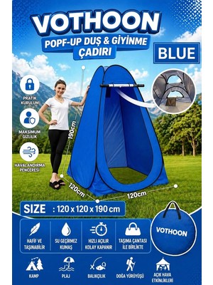 Mudanis Otomatik Kabin Giyinme Çadırı 120X120X190 cm Üst Havalandırma Yan Pencereli Duş & Wc Çadırı Mavi