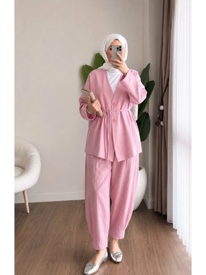 RFK Butik Kadın Bel Bağlamalı Şalvar Kesim Pantolonlu Kimono Takım - Pembe