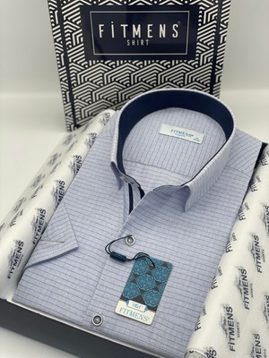 Fitmens Klasik Kısa Kol Keten Cotton Kareli Pamuk Hediye Kutulu Erkek Gömlek FS-003009 - Mavi